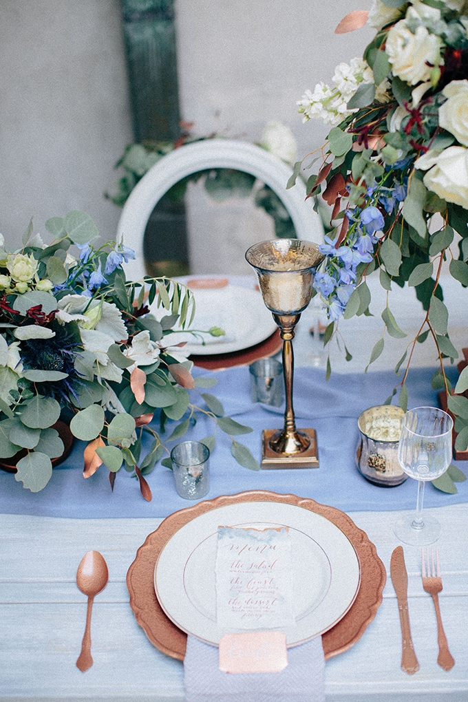 Romantic Blue and Copper Wedding Inspiration Glamour & Grace